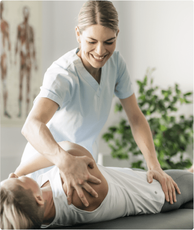 Allied Health osteopath stretching client's body on therapy table