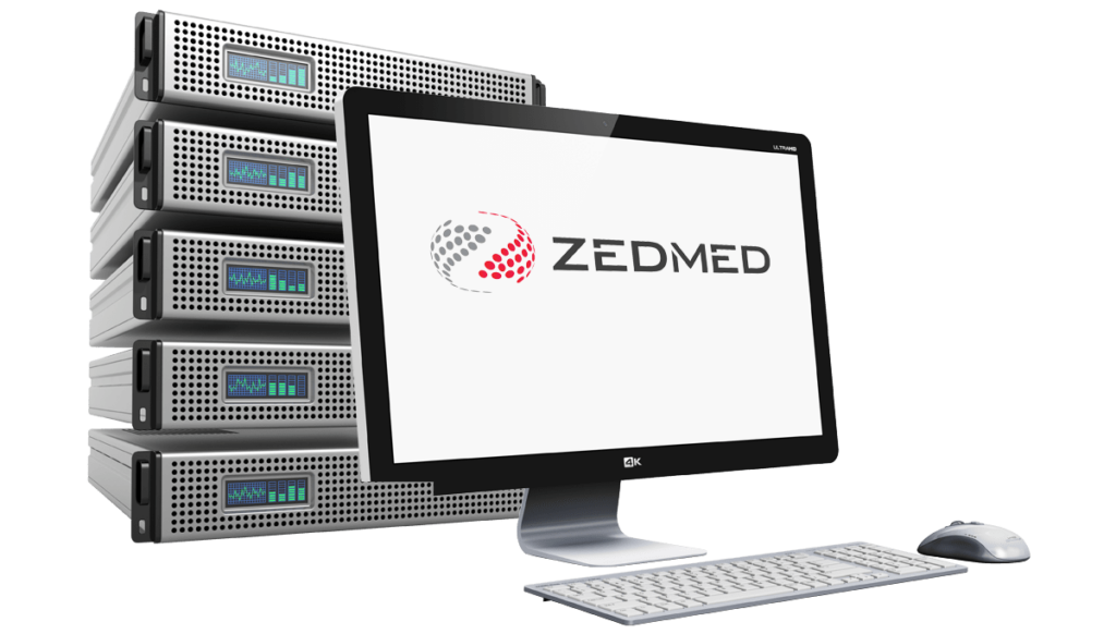 Computer with Zedmed logo on screen and multiple server racks in background