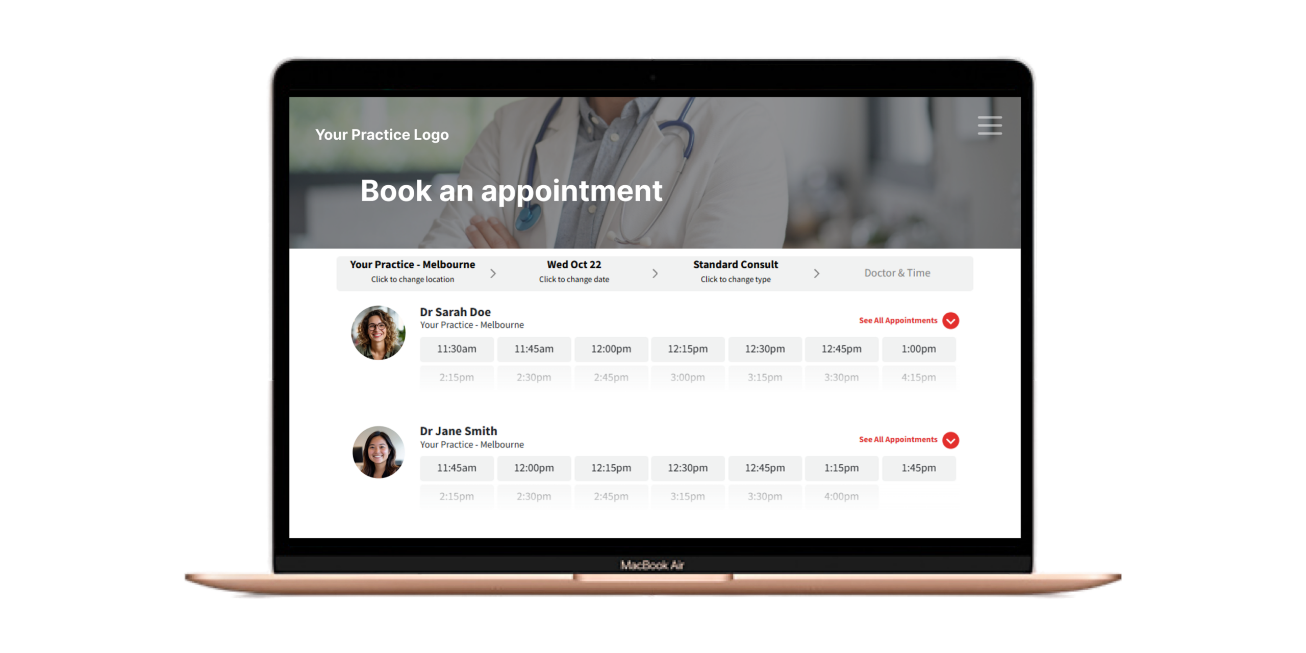 Screenshot of Zedmed Online Appointments System interface